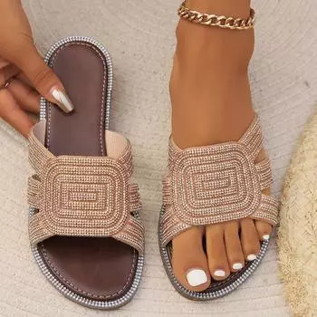 Летние женские тапочки на плоской подошве, уличные модные повседневные удобные нескользящие однотонные женские пляжные тапочки со стразами 35
