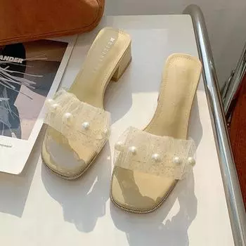 Летние женские тапочки на среднем каблуке, модные туфли на массивном каблуке, дизайнерские сандалии, новые трендовые платья, женские шлепанцы, повседневные женские шлепанцы 40 бежевый