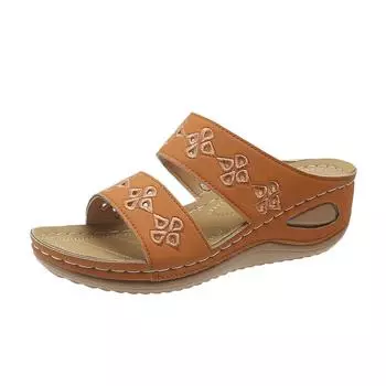 Летние женские тапочки на танкетке, модные сандалии с открытым носком и вышивкой, нескользящая обувь на платформе, большие размеры, Claquette Femme 36