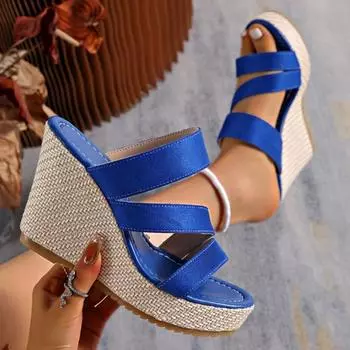 Летние женские тапочки на танкетке, пляжные сандалии с открытым носком и очень высоким каблуком, тренд 2025 года, прогулочные шлепанцы, модные шлепанцы с открытой пяткой, шлепанцы Zapatos 35 синий