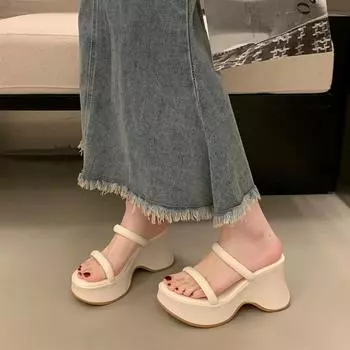 Летние женские тапочки на толстой подошве, модные, удобные, с открытым носком, на мягкой подошве, на плоской подошве, пляжные сандалии, низ с завышенной талией 35