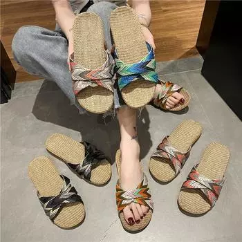 Летние женские тапочки, нескользящие домашние тапочки, легкая обувь, женские домашние льняные тапочки, мягкая обувь 34 красный