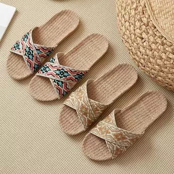 Летние женские тапочки, нескользящие домашние тапочки, легкая обувь, женские домашние льняные тапочки, мягкая обувь 35