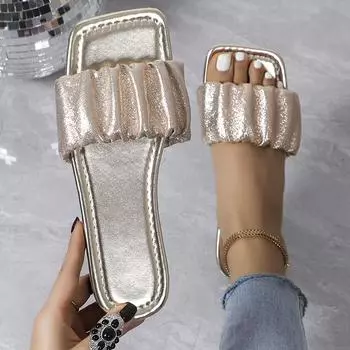 Летние женские тапочки, плиссированные шлепанцы на плоской подошве, новые корейские тапочки, женские сандалии, черная домашняя уличная обувь, размер 36-43 36