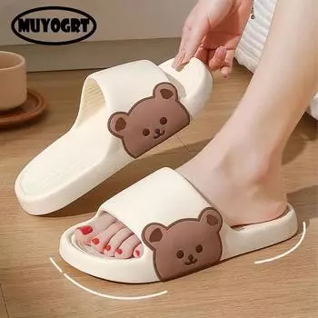Летние женские тапочки, пляжные шлепанцы, шлепанцы с рисунком медведя, мужские нескользящие туфли на толстой подошве для ванной комнаты, сандалии для пар 36-37
