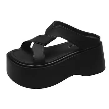 Летние женские тапочки, пляжные шлепанцы, женские туфли из толстой кожи, босоножки на танкетке, женские тапочки на высокой платформе 8 см 34