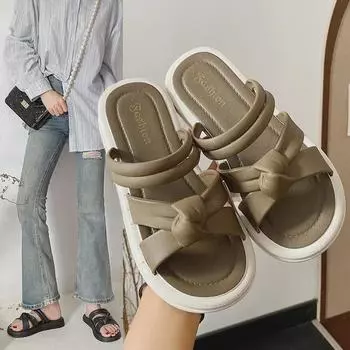 Летние женские тапочки с бантом на толстой подошве: Нескользящие пляжные сандалии для улицы Size 40-41 [Recommend one size larger]