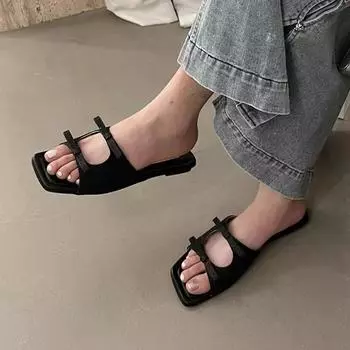 Летние женские тапочки с бантом, тапочки на плоской подошве с квадратным носком, новинка 2024 года, дизайнерские шлепанцы для улицы, шлепанцы с открытым носком, женские 35 чёрный