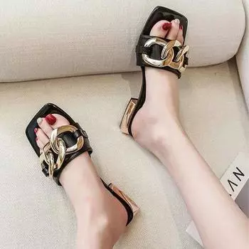 Летние женские тапочки с цепочкой, толстые, 2024, новые сандалии на плоской подошве с квадратным носком, повседневные шлепанцы, модные женские туфли-мюли, пляжное платье, шлепанцы 35 абрикосовый