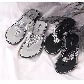 Летние женские тапочки с цветочным принтом, плоским дном и прямой линией, классные тапочки, женские стразы, универсальные, верхняя одежда, шлепанцы EU44/CN45