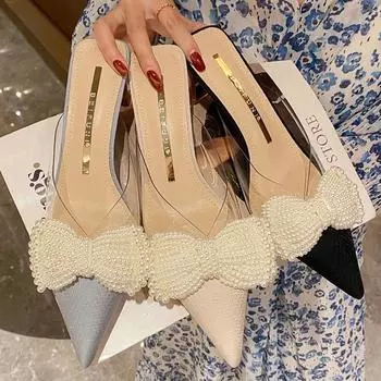 Летние женские тапочки с острым носком, модные, элегантные, с бантом-бабочкой, мюли, шлепанцы, женская обувь для отдыха на высоком каблуке, сандалии 35 бежевый