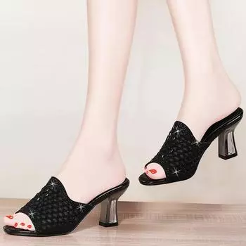 Летние женские тапочки с открытым носком на толстом каблуке, шлепанцы, женские туфли на высоком каблуке, женские пляжные туфли со стразами uki 35 чёрный