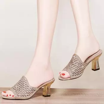 Летние женские тапочки с открытым носком на толстом каблуке, шлепанцы, женские туфли на высоком каблуке, женские пляжные туфли со стразами uki 35 чёрный