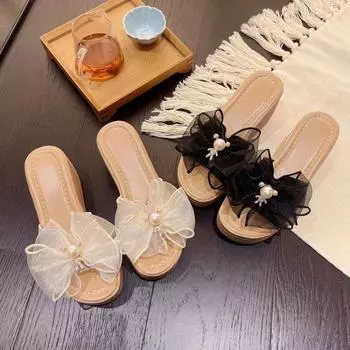 Летние женские тапочки с открытым носком, женские летние пляжные тапочки для улицы, женские босоножки на танкетке с бантом 35