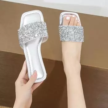 Летние женские тапочки с пайетками, большие размеры, искусственные стразы, туфли на плоской подошве с квадратным носком, удобные пляжные женские сандалии, 10 цветов 36 белый