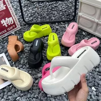 Летние женские тапочки с узором «елочка», новые тапочки из ЭВА на толстой подошве, приподнятые тапочки с зажимом, водонепроницаемые и противоскользящие тапочки на мягкой подошве 40-41(foot24.5-25cm) чёрный