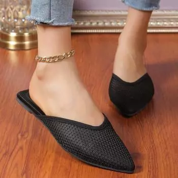 Летние женские тапочки, сексуальные сетчатые мюли, домашние тапочки, остроносые туфли, женские уличные сабо, пляжные сандалии, шлепанцы 37 чёрный