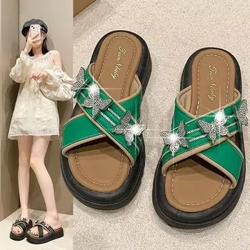 Летние женские тапочки, тапочки на толстой подошве от интернет-знаменитостей, тапочки с перекрестными ремешками и стразами в виде банта 35 чёрный