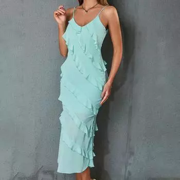 Летние женские темпераментные платья без рукавов с открытой спиной и бретельками на шее XS зелёный