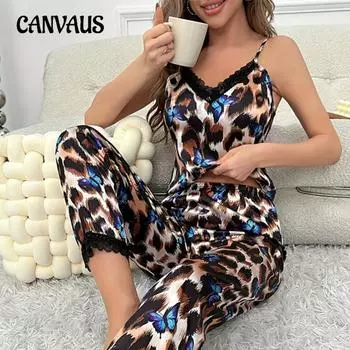 Летние женские тонкие молочные шелковые кружевные брюки с леопардовым принтом на шее, домашняя одежда, пижамный костюм, чистое желание, сексуальная пижама S