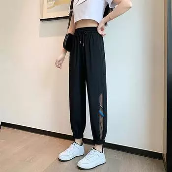 Летние женские тонкие повседневные брюки с девятью очками, женские маленькие корейские версии студенческих спортивных штанов, большие размеры, брюки Harun из ледяного шелка
