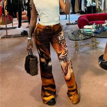Летние женские тонкие уличные расклешенные повседневные брюки для йоги с высокой талией и цифровым принтом S