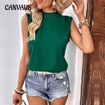 Летние женские топы без рукавов с завязками и полувысоким воротником S