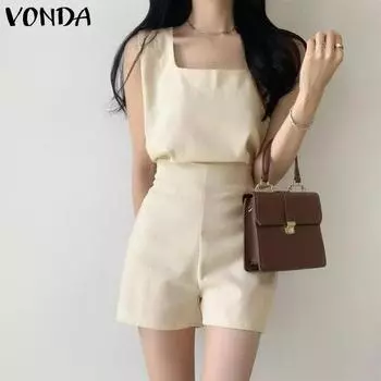Летние женские топы без рукавов VONDA с квадратным воротником, шорты, комплекты из 2 предметов