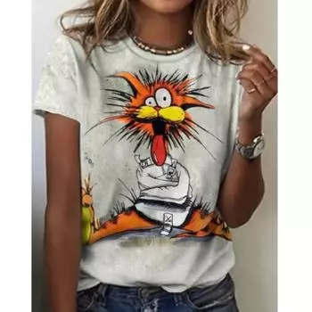 Летние женские топы больших размеров с круглым вырезом, повседневные футболки с коротким рукавом и принтом 3D-кота из мультфильма S