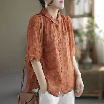 Летние женские топы и блузки, модная свободная рубашка три четверти, поло с лацканами и карманами на пуговицах, элегантная женская одежда с принтом M кофейный