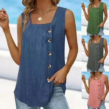 Летние женские топы на бретелях, плиссированная майка без рукавов с квадратным воротником, жилет S зелёный