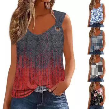 Летние женские топы на бретелях с круглым вырезом, повседневные струящиеся рубашки без рукавов, повседневные свободные плиссированные футболки, футболки с принтом, женская блузка L чёрный