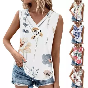 Летние женские топы на бретелях с v-образным вырезом, повседневные рубашки без рукавов с принтом, повседневные свободные плиссированные футболки, футболки, женская блузка L синий
