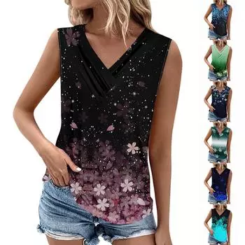 Летние женские топы на бретелях с v-образным вырезом, повседневные рубашки без рукавов с принтом, повседневные свободные плиссированные футболки, футболки, женская блузка L синий