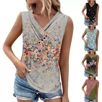 Летние женские топы на бретелях с v-образным вырезом, повседневные рубашки без рукавов с принтом, повседневные свободные плиссированные футболки, футболки, женская блузка L армия зеленый