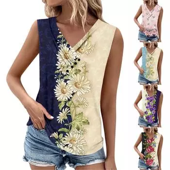 Летние женские топы на бретелях с v-образным вырезом, повседневные рубашки без рукавов с принтом, повседневные свободные плиссированные футболки, футболки, женская блузка L синий