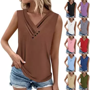 Летние женские топы на бретелях с v-образным вырезом, повседневные рубашки без рукавов с принтом, повседневные свободные плиссированные футболки, футболки, женская блузка M чёрный