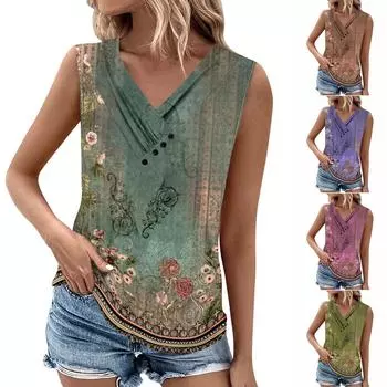 Летние женские топы на бретелях с v-образным вырезом, повседневные рубашки без рукавов с принтом, повседневные свободные плиссированные футболки, футболки, женская блузка S