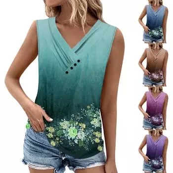 Летние женские топы на бретелях с v-образным вырезом, повседневные рубашки без рукавов с принтом, повседневные свободные плиссированные футболки, футболки, женская блузка S кофейный