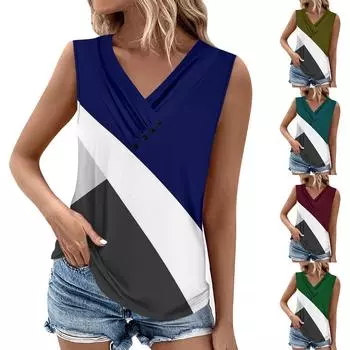 Летние женские топы на бретелях с v-образным вырезом, повседневные рубашки без рукавов с принтом, повседневные свободные плиссированные футболки, футболки, женская блузка M
