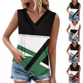 Летние женские топы на бретелях с v-образным вырезом, повседневные рубашки без рукавов с принтом, повседневные свободные плиссированные футболки, футболки, женская блузка XL чёрный