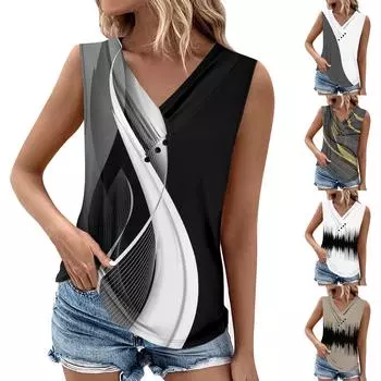 Летние женские топы на бретелях с v-образным вырезом, повседневные рубашки без рукавов с принтом, повседневные свободные плиссированные футболки, футболки, женская блузка XL серый