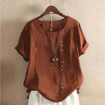 Летние женские топы, повседневная хлопковая льняная блузка с коротким рукавом и круглым вырезом M зелёный