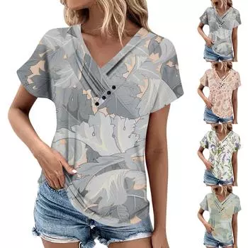 Летние женские топы с цветочным узором для женщин, удобные женские топы с v-образным вырезом и короткими рукавами, футболки большого размера L