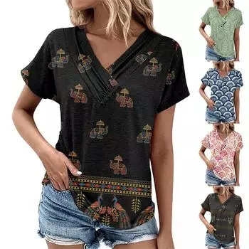 Летние женские топы с цветочным узором для женщин, удобные женские топы с v-образным вырезом и короткими рукавами, футболки большого размера