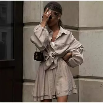 Летние женские топы с длинным рукавом и шорты с оборками, повседневные модные костюмы 2024 S хаки