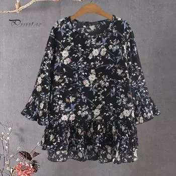 Летние женские топы с круглым вырезом и рукавами 3/4, футболка с рюшами по подолу, свободная шифоновая блузка с цветочным принтом, уличная одежда XL чёрный