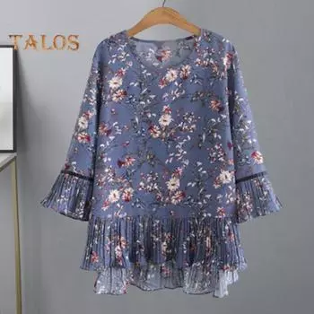 Летние женские топы с круглым вырезом и рукавами 3/4, футболка с рюшами по подолу, свободная шифоновая блузка с цветочным принтом, уличная одежда M синий