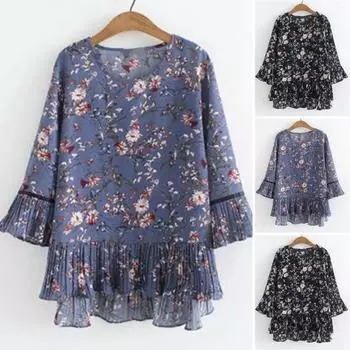 Летние женские топы с круглым вырезом и рукавами 3/4, футболка с рюшами по подолу, свободная шифоновая блузка с цветочным принтом, уличная одежда L чёрный