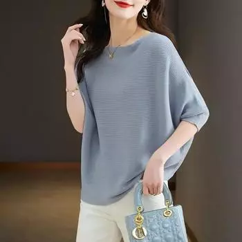 Летние женские топы с круглым вырезом, повседневные свободные блузки с рукавами «летучая мышь», однотонная туника, элегантная офисная женская рубашка XXXL чёрный